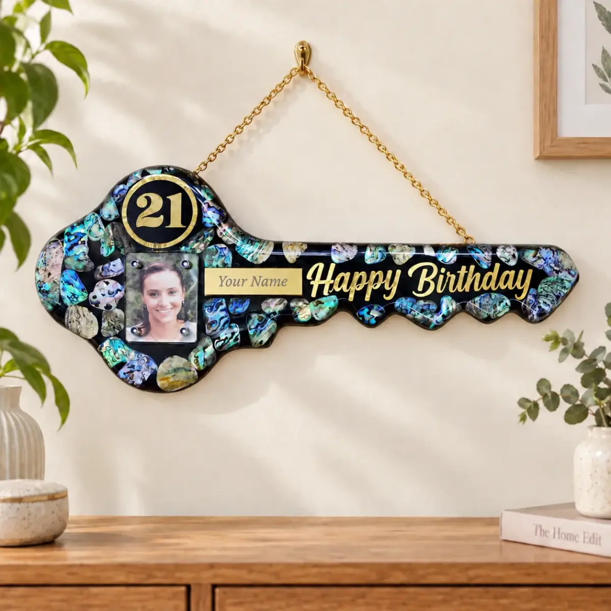 NZ Paua Shell 21st Key with Photo Slot & “Happy Birthday” - Design PAUA2404
