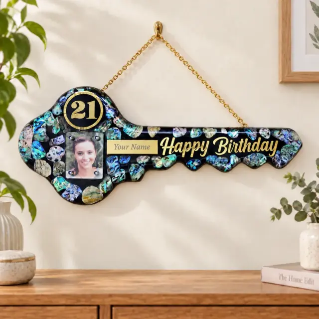 NZ Paua Shell 21st Key with Photo Slot & “Happy Birthday” - Design PAUA2404