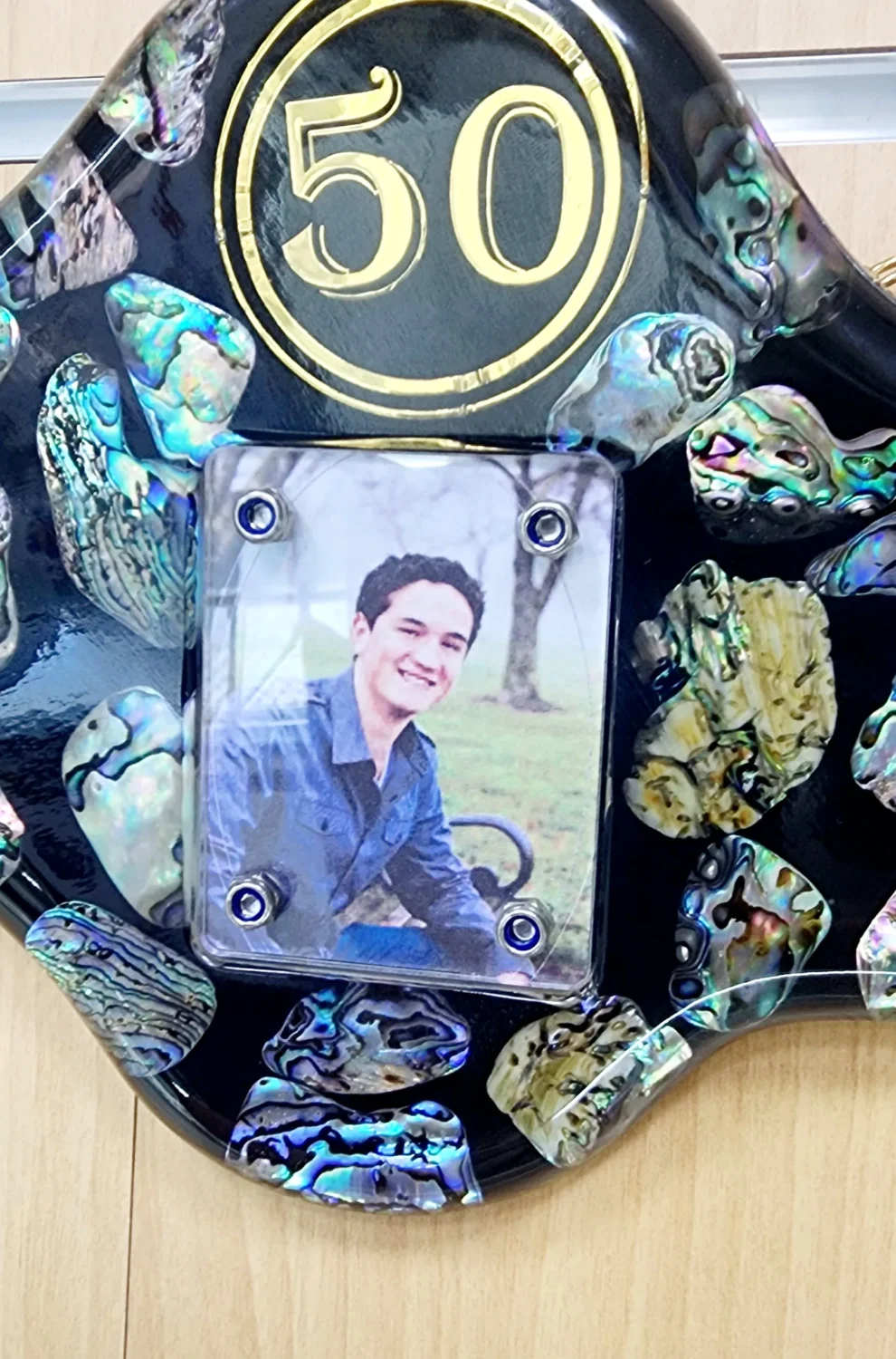 NZ Paua Shell 50th Key with Photo Slot & “Congratulations” - Design PAUA2401