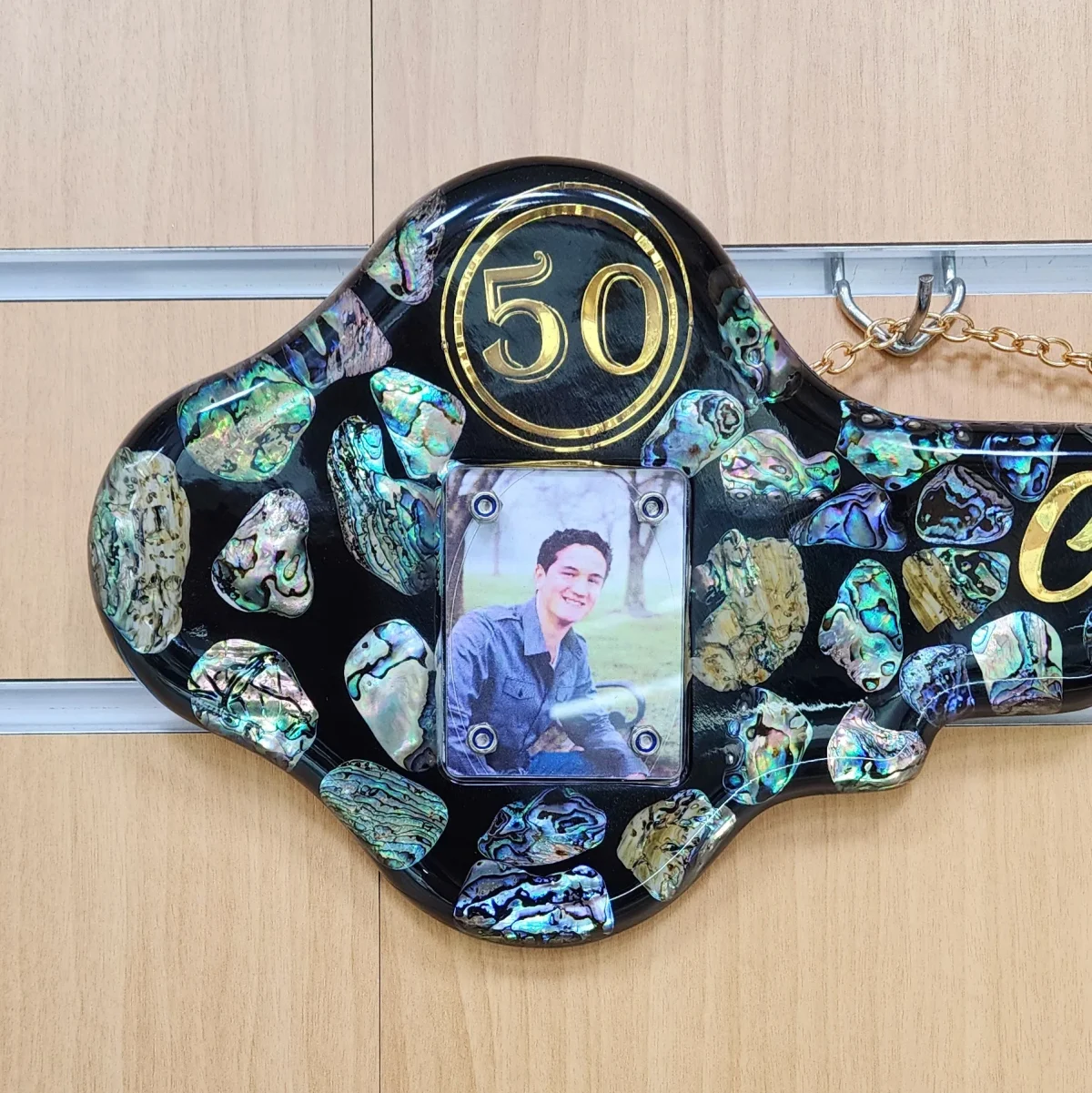 NZ Paua Shell 50th Key with Photo Slot & “Congratulations” - Design PAUA2401