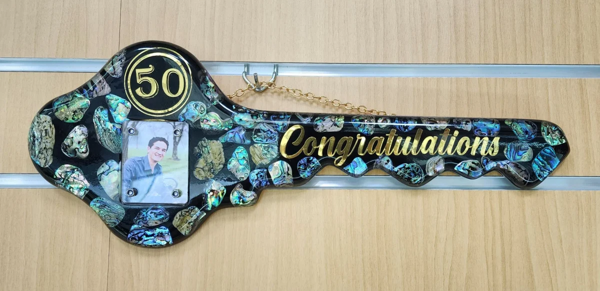 NZ Paua Shell 50th Key with Photo Slot & “Congratulations” - Design PAUA2401