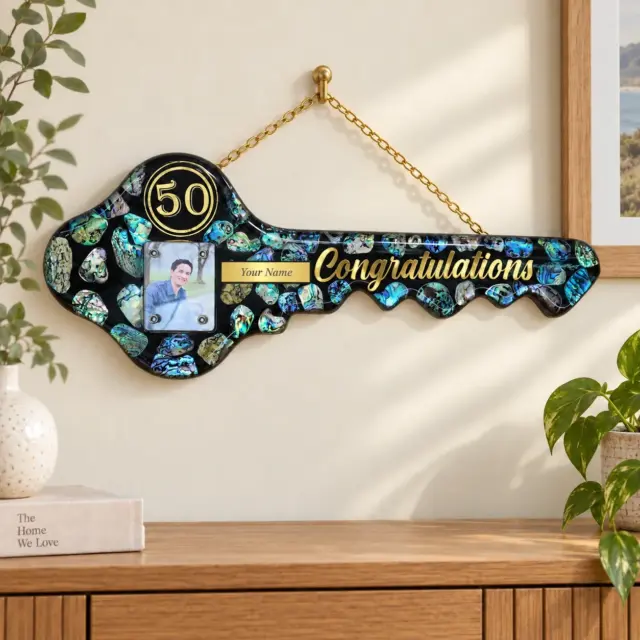 NZ Paua Shell 50th Key with Photo Slot & “Congratulations” - Design PAUA2401