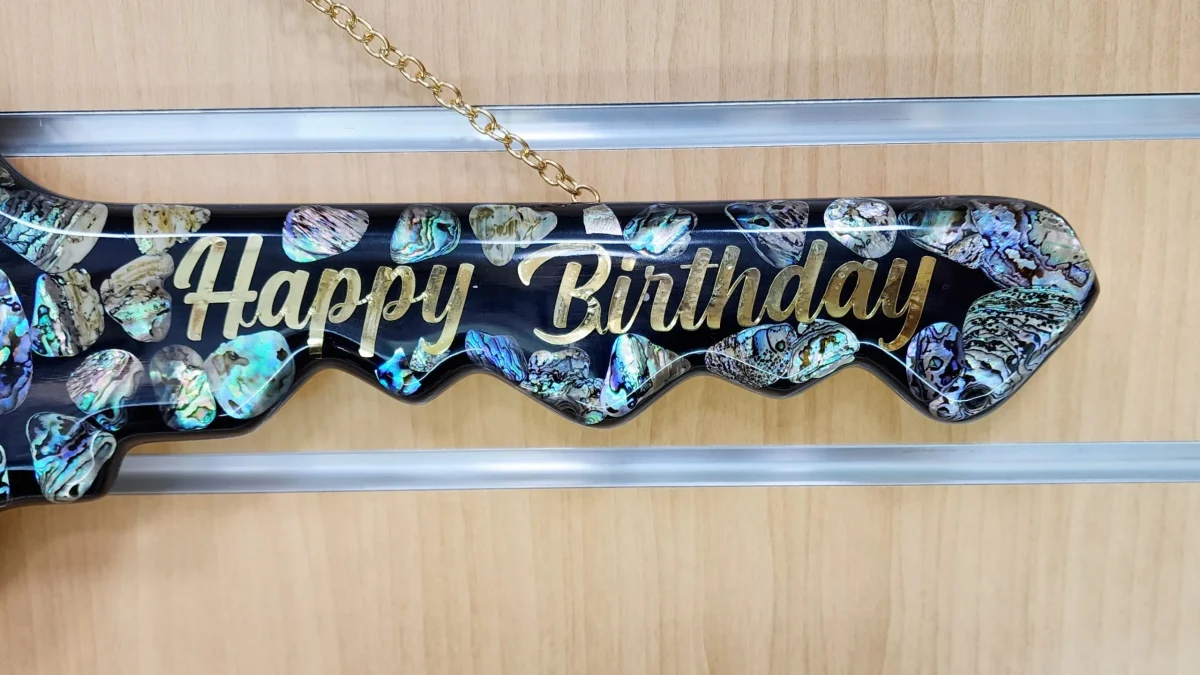NZ Paua Shell 50th Key with Photo Slot & “Happy Birthday” - Design PAUA2403