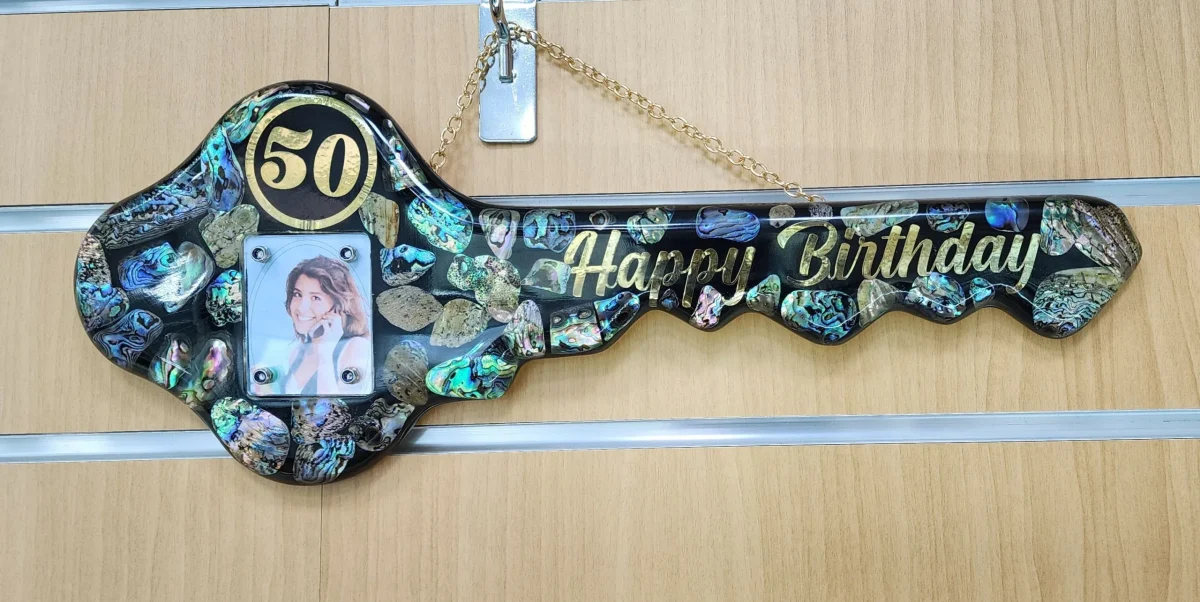 NZ Paua Shell 50th Key with Photo Slot & “Happy Birthday” - Design PAUA2403
