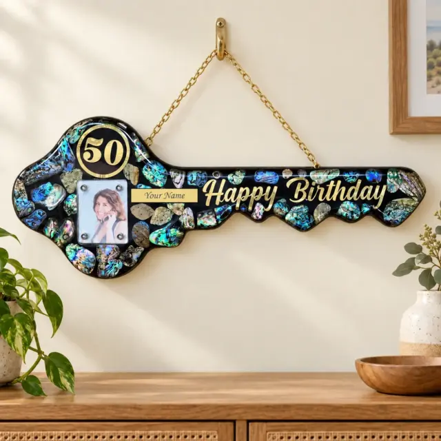NZ Paua Shell 50th Key with Photo Slot & “Happy Birthday” - Design PAUA2403