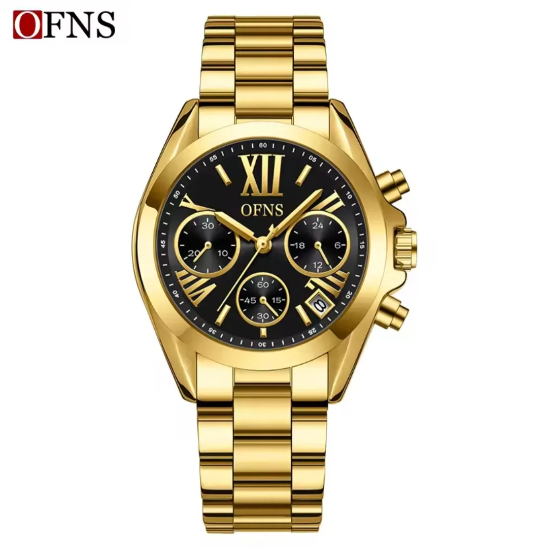 OFNS Ladies Fashion Brand Stainless Steel Gold Tone Black Dial Quartz Watch - OFNSBLACK