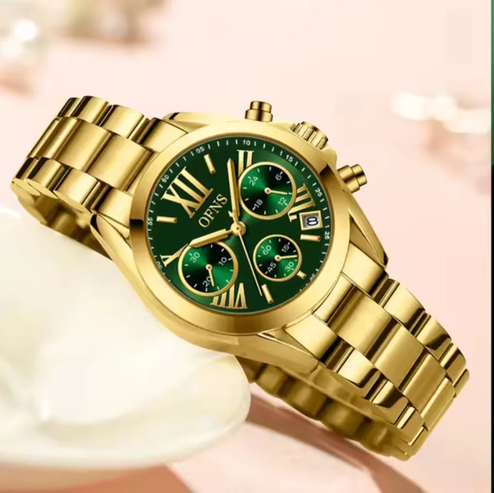 OFNS Ladies Fashion Brand Stainless Steel Gold Tone Green Dial Quartz Watch - OFNSGREEN