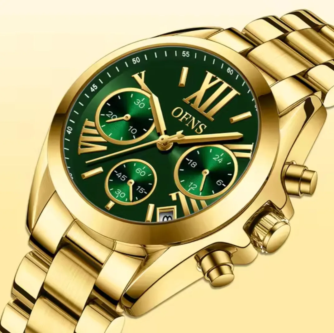OFNS Ladies Fashion Brand Stainless Steel Gold Tone Green Dial Quartz Watch - OFNSGREEN