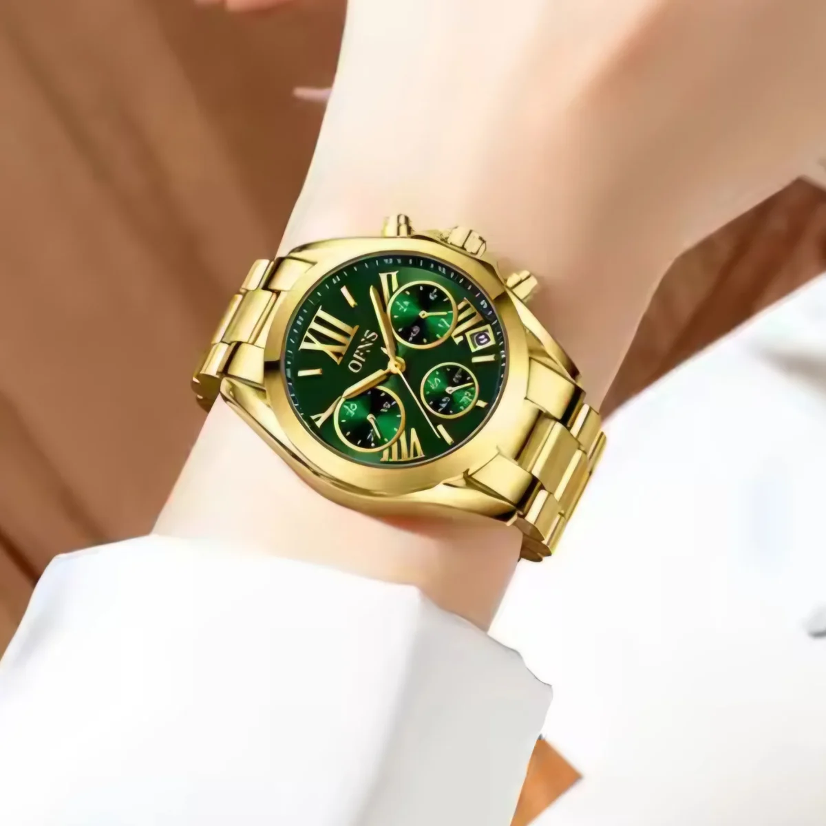 OFNS Ladies Fashion Brand Stainless Steel Gold Tone Green Dial Quartz Watch - OFNSGREEN