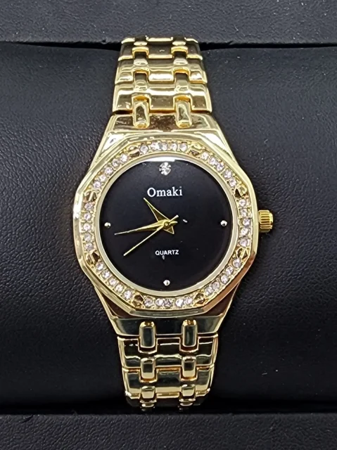 OMAKI Womens Gold Tone Dress Watch with Black Face