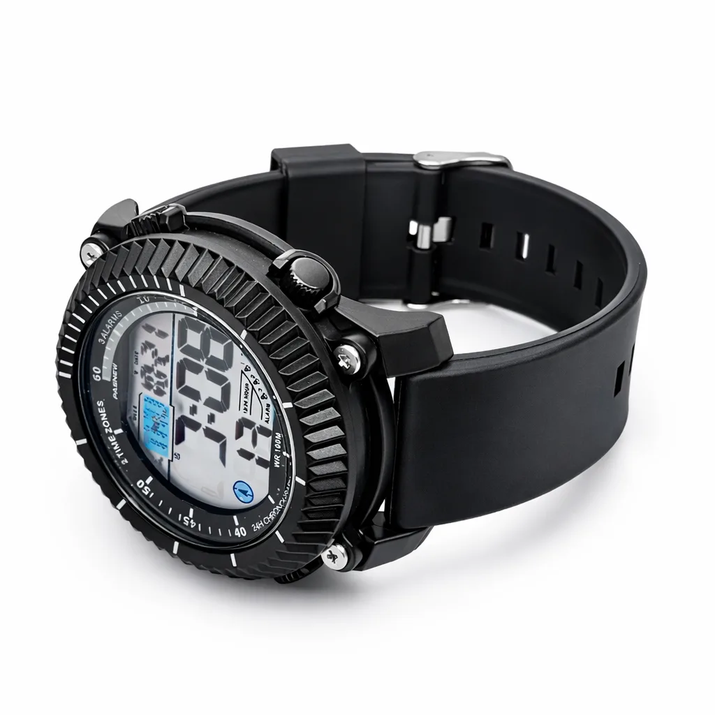 PASNEW Black Digital Sports Watch – 48mm LED Display, 30M Water Resistant, Dual Time - PSE607BLK