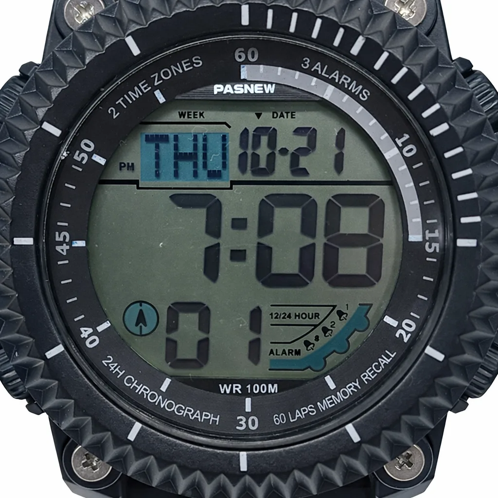 PASNEW Black Digital Sports Watch – 48mm LED Display, 30M Water Resistant, Dual Time - PSE607BLK