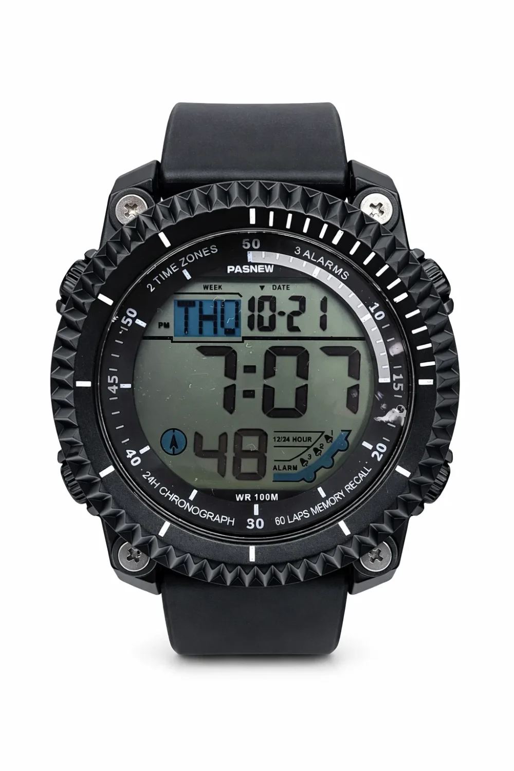 PASNEW Black Digital Sports Watch – 48mm LED Display, 30M Water Resistant, Dual Time - PSE607BLK