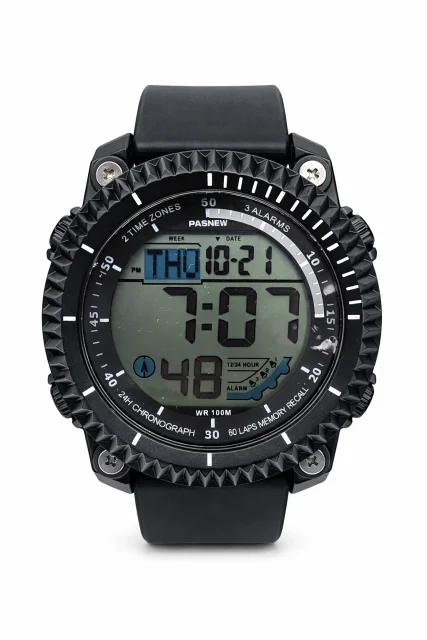 PASNEW Black Digital Sports Watch – 48mm LED Display, 30M Water Resistant, Dual Time - PSE607BLK