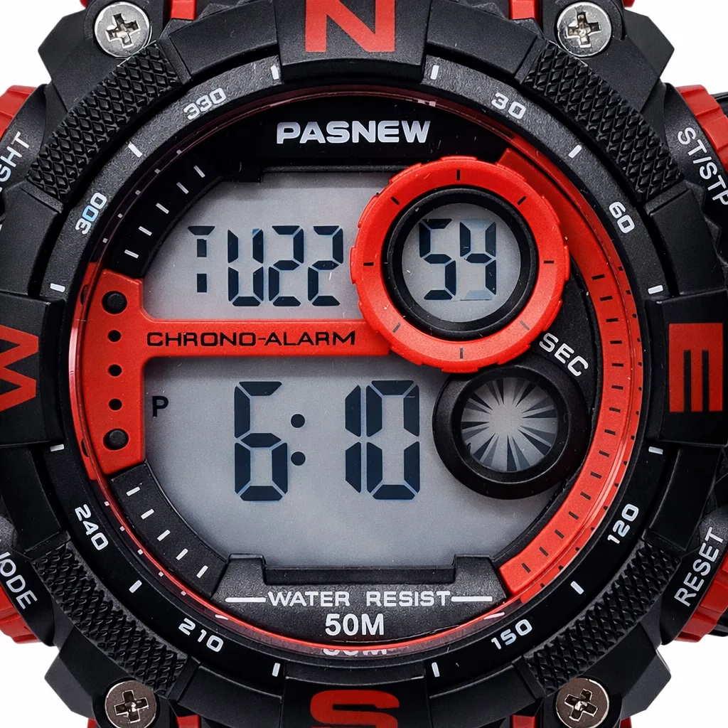 PASNEW Digital Sports Watch 50M Water Resistant 50mm Black & Red LED Chrono Alarm - PSE636RED