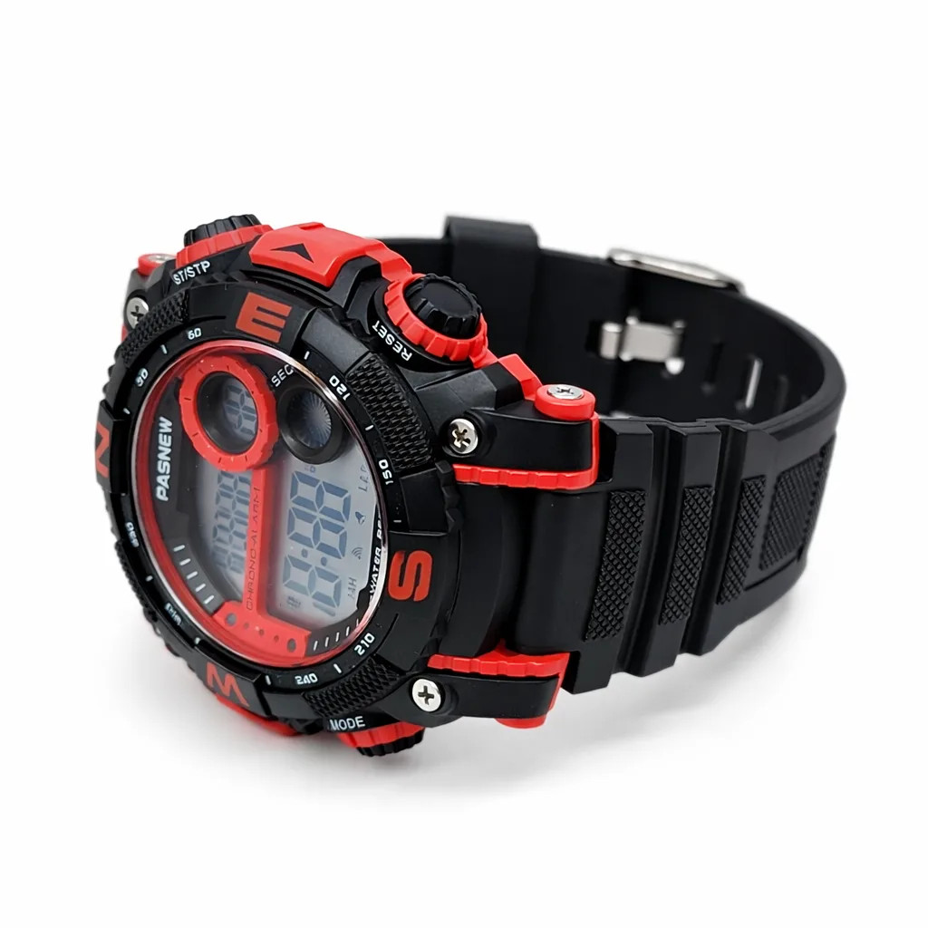 PASNEW Digital Sports Watch 50M Water Resistant 50mm Black & Red LED Chrono Alarm - PSE636RED