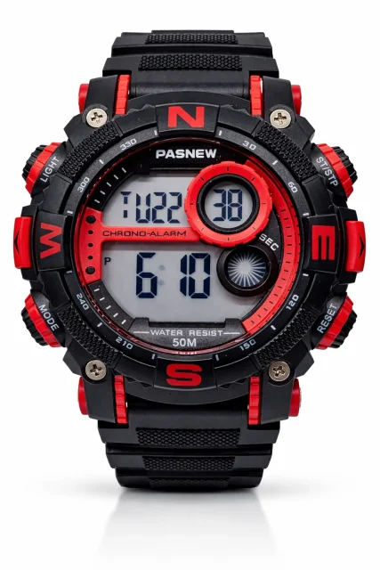 PASNEW Digital Sports Watch 50M Water Resistant 50mm Black & Red LED Chrono Alarm - PSE636RED