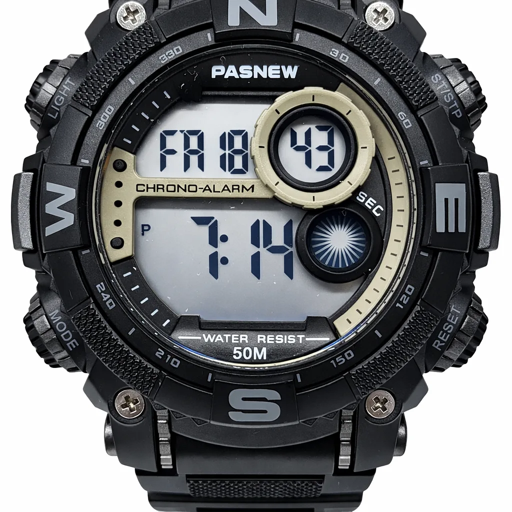 Pasnew Digital Sports Watch 50mm, 50M Water Resistant, LED Light, Alarm, Stopwatch & Timer- PSE636GREY