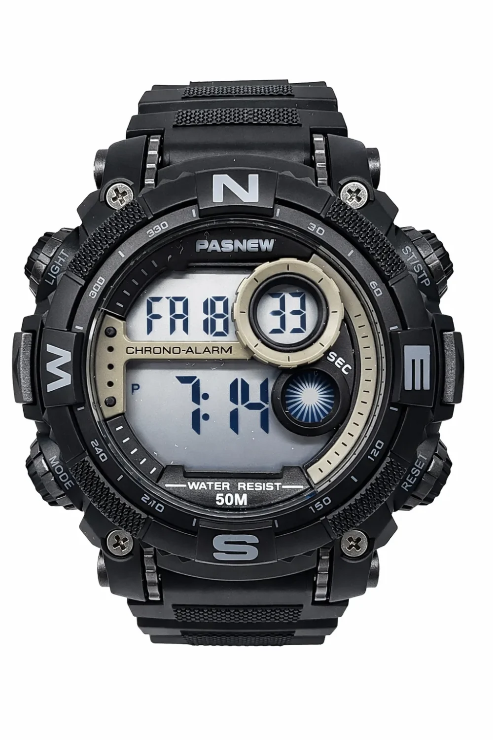 Pasnew Digital Sports Watch 50mm, 50M Water Resistant, LED Light, Alarm, Stopwatch & Timer- PSE636GREY
