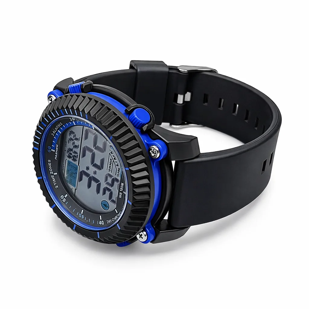 PASNEW Digital Sports Watch Black & Blue 48mm, LED Display, Water Resistant, Dual Time - PSE607BLUE