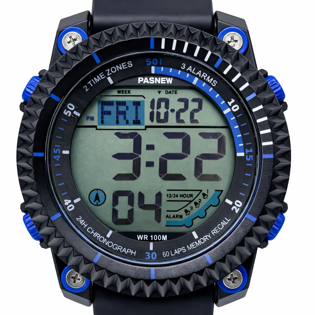 PASNEW Digital Sports Watch Black & Blue 48mm, LED Display, Water Resistant, Dual Time - PSE607BLUE