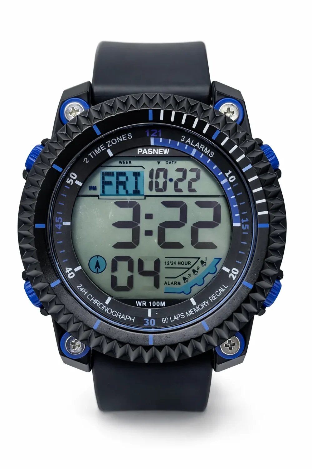 PASNEW Digital Sports Watch Black & Blue 48mm, LED Display, Water Resistant, Dual Time - PSE607BLUE