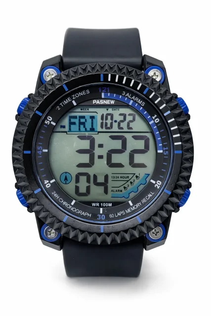 PASNEW Digital Sports Watch Black & Blue 48mm, LED Display, Water Resistant, Dual Time - PSE607BLUE