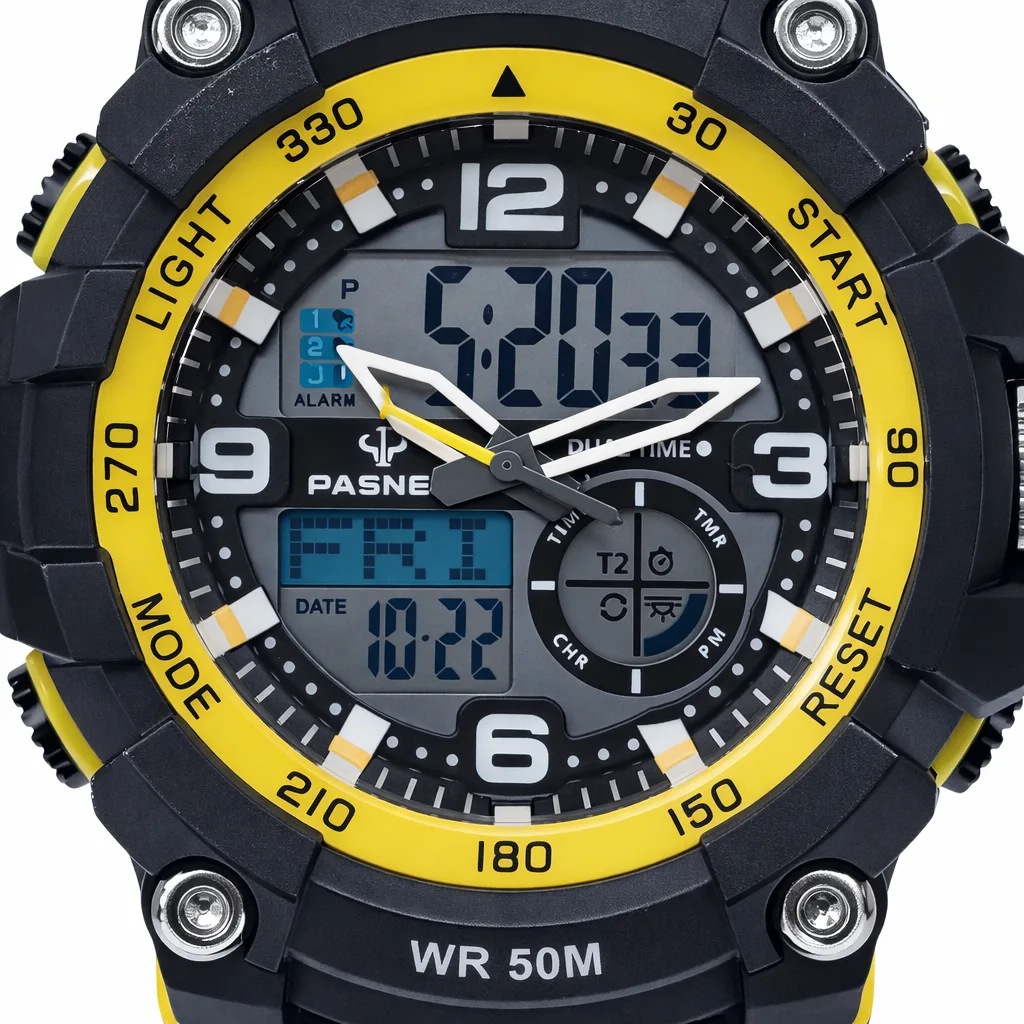 PASNEW Men’s Dual Display Sports Watch 50mm – Analog & Digital | 30M Water Resistant - PSE467YELLOW