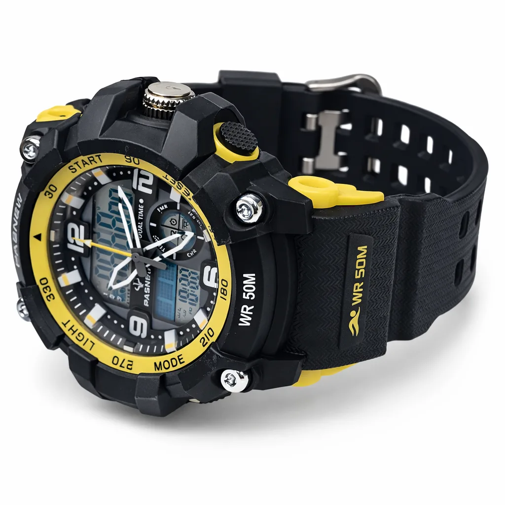 PASNEW Men’s Dual Display Sports Watch 50mm – Analog & Digital | 30M Water Resistant - PSE467YELLOW