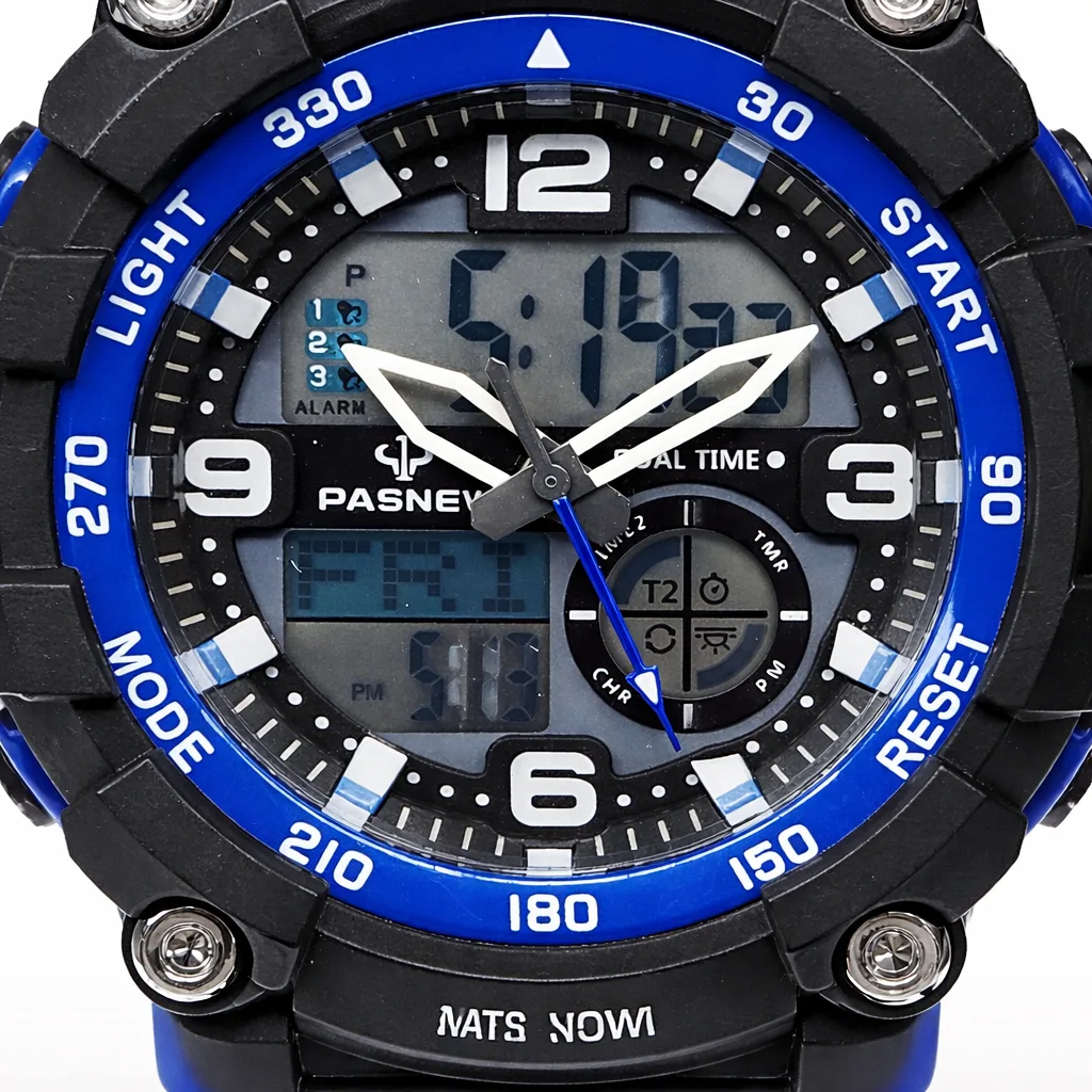 PASNEW Men’s Dual Display Sports Watch 50mm – Analog & Digital | 30M Water Resistant - PSE467BLUE