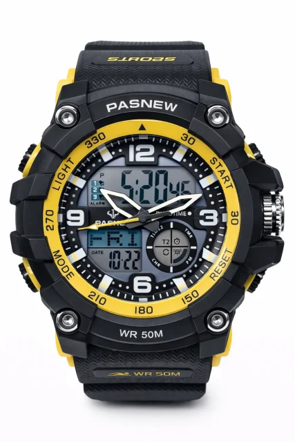 PASNEW Men’s Dual Display Sports Watch 50mm – Analog & Digital | 30M Water Resistant - PSE467YELLOW