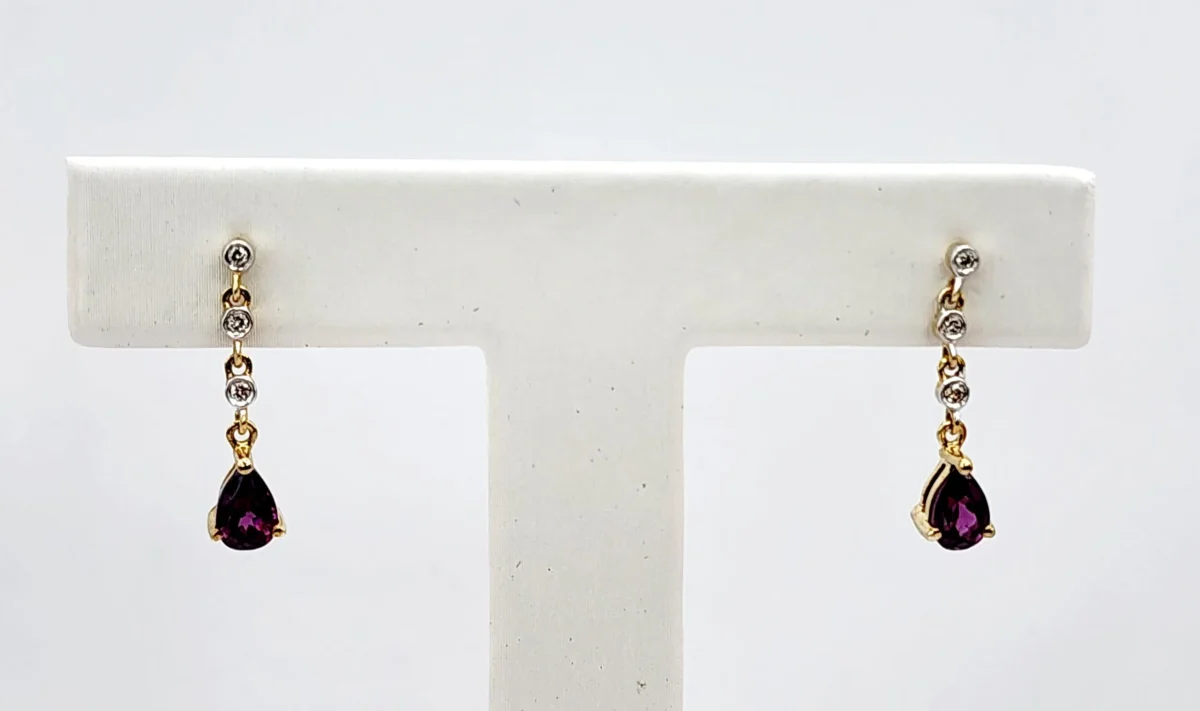 Pear-Shaped Rhodolite Garnet & Diamond Drop Earrings in 9ct Yellow Gold