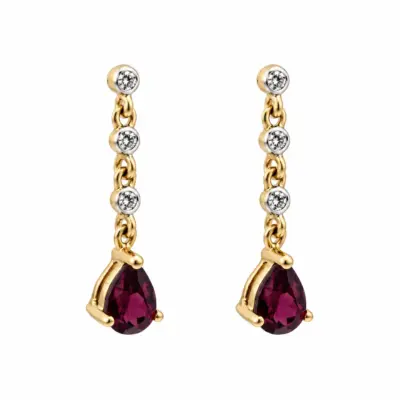 Pear-Shaped Rhodolite Garnet & Diamond Drop Earrings in 9ct Yellow Gold