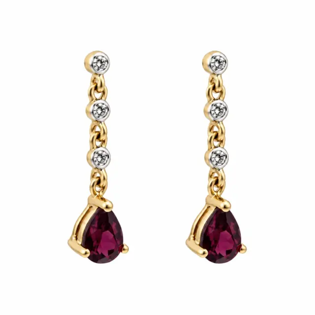 Pear-Shaped Rhodolite Garnet & Diamond Drop Earrings in 9ct Yellow Gold