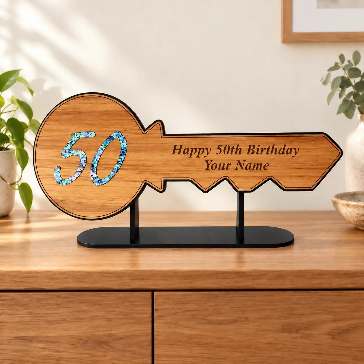 Plain Rimu 50th Paua Inlay Key and Black Removable Stand