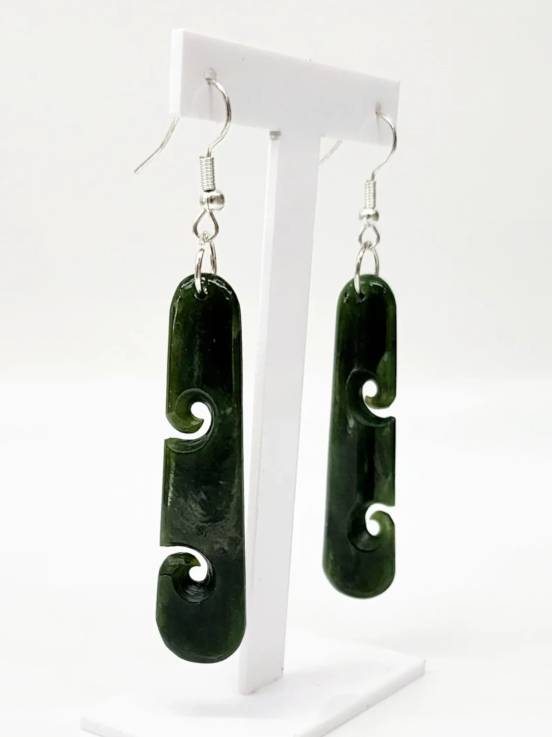 Pounamu Double Koru Drop Earrings with Sterling Silver Setting and Hooks - ER2.40