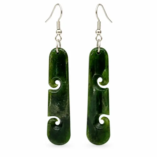 Pounamu Double Koru Drop Earrings with Sterling Silver Setting and Hooks - ER2.40
