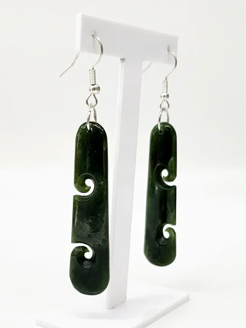Pounamu Double Koru Drop Earrings with Sterling Silver Setting and Hooks - ER2.40