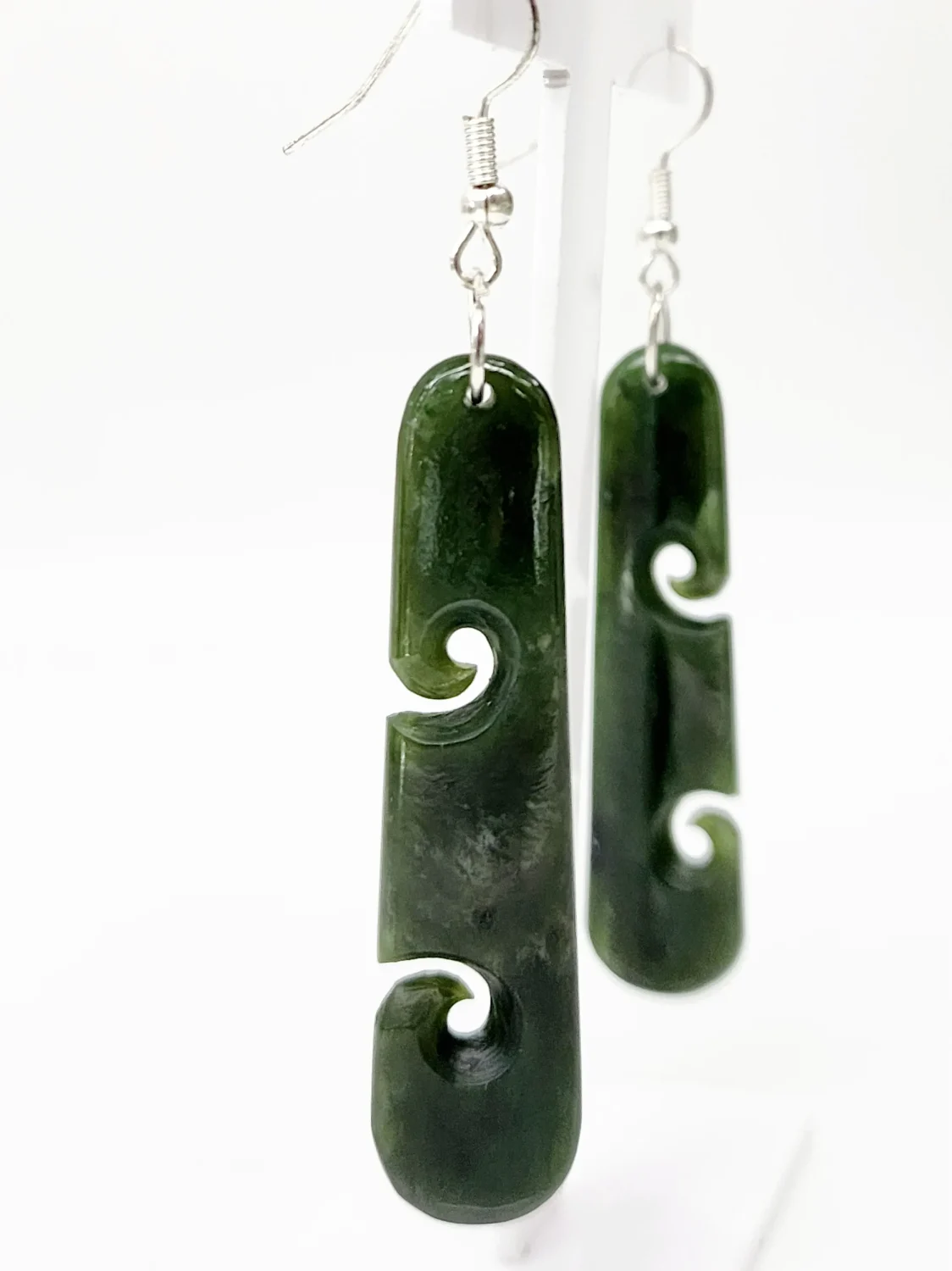 Pounamu Double Koru Drop Earrings with Sterling Silver Setting and Hooks - ER2.40