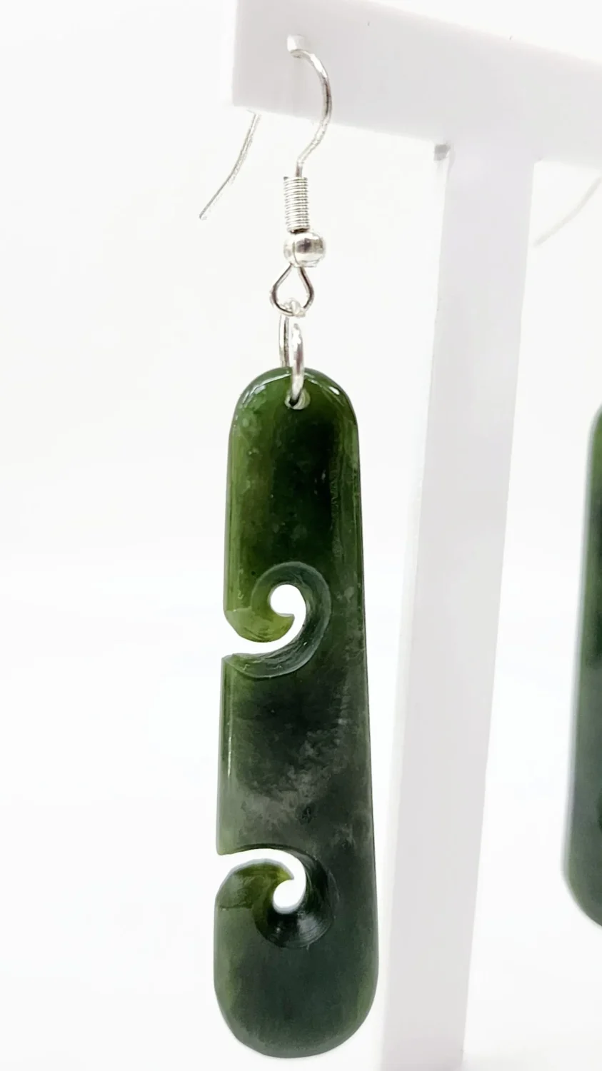 Pounamu Double Koru Drop Earrings with Sterling Silver Setting and Hooks - ER2.40