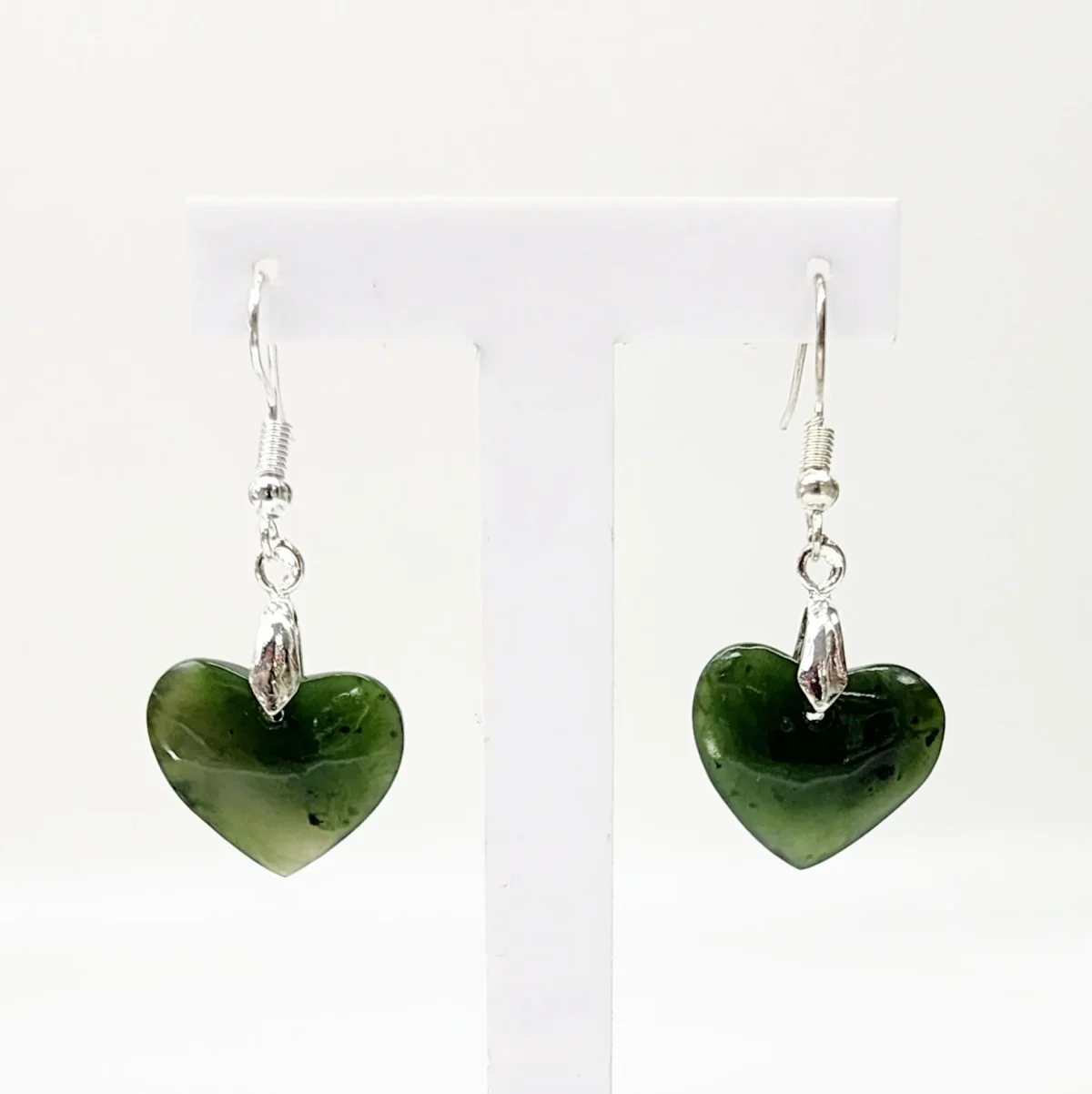 Pounamu Heart Shape Earrings with Sterling Silver Setting and Hooks - EH2.28
