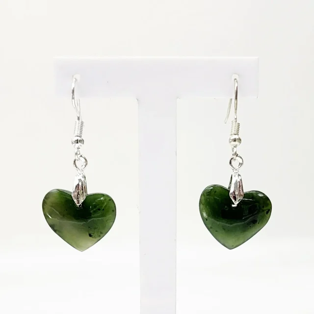 Pounamu Heart Shape Earrings with Sterling Silver Setting and Hooks - EH2.28