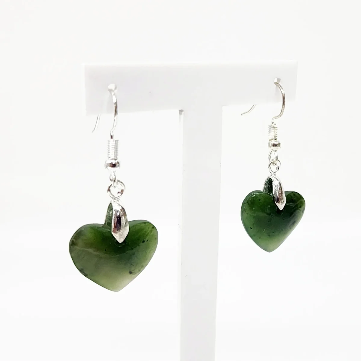 Pounamu Heart Shape Earrings with Sterling Silver Setting and Hooks - EH2.28