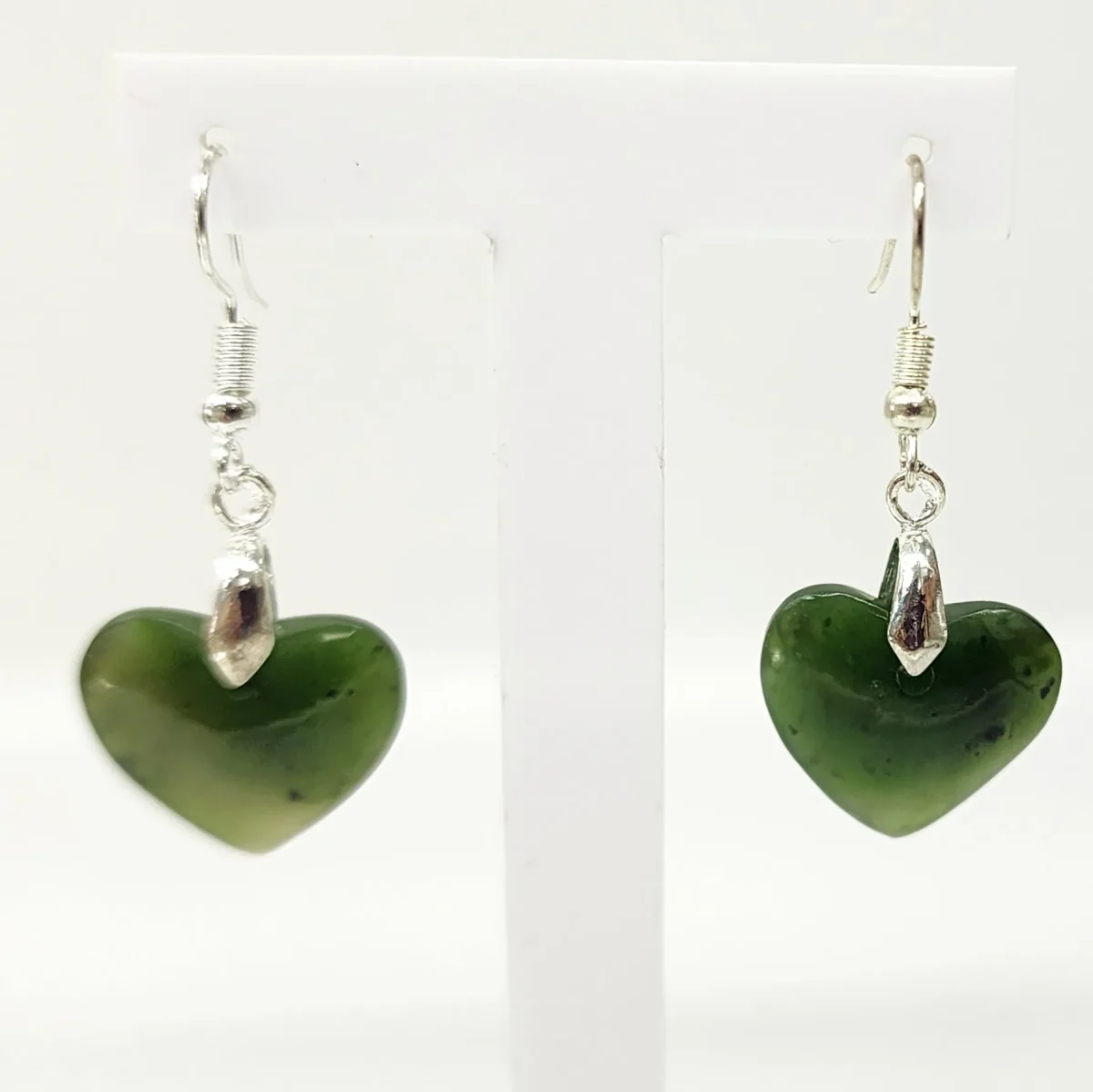 Pounamu Heart Shape Earrings with Sterling Silver Setting and Hooks - EH2.28