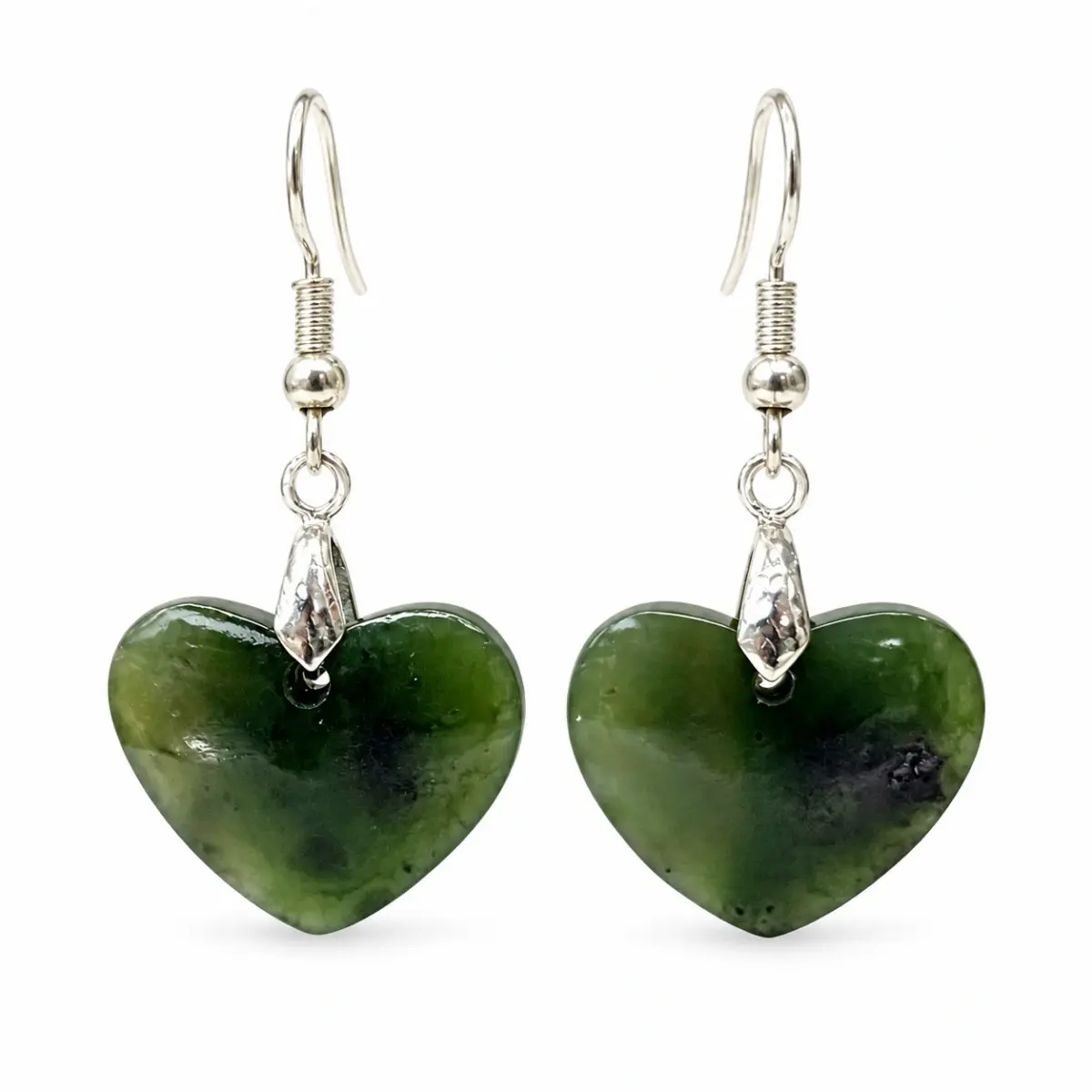 Pounamu Heart Shape Earrings with Sterling Silver Setting and Hooks - EH5.25