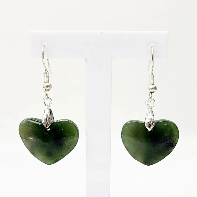Pounamu Heart Shape Earrings with Sterling Silver Setting and Hooks - EH5.25