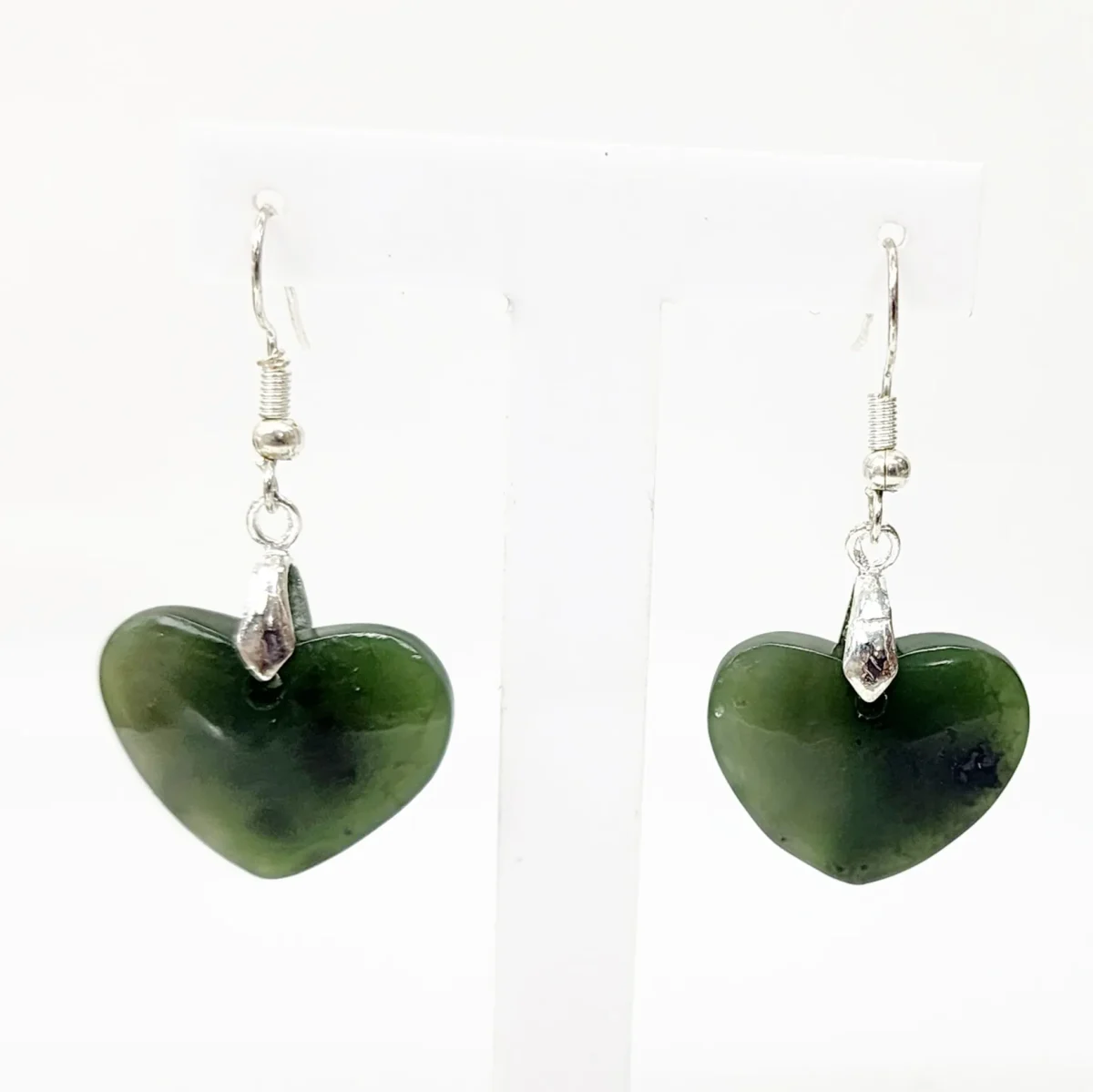 Pounamu Heart Shape Earrings with Sterling Silver Setting and Hooks - EH5.25