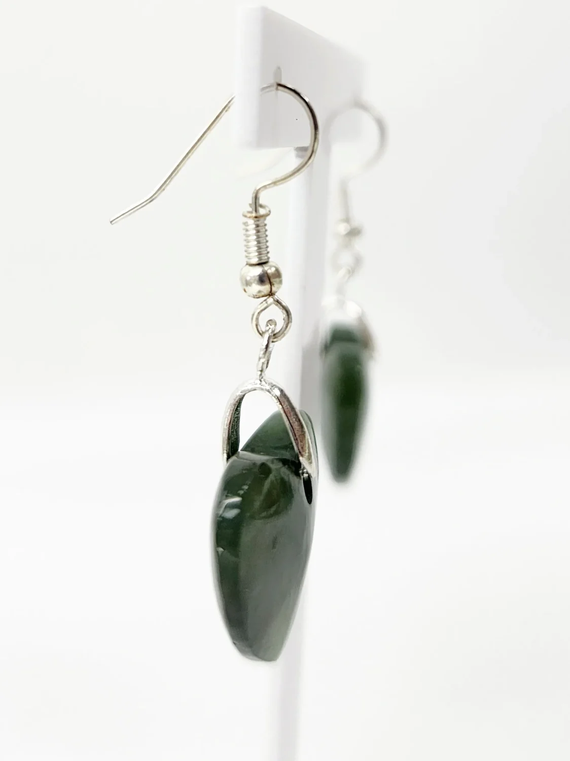 Pounamu Heart Shape Earrings with Sterling Silver Setting and Hooks - EH5.25