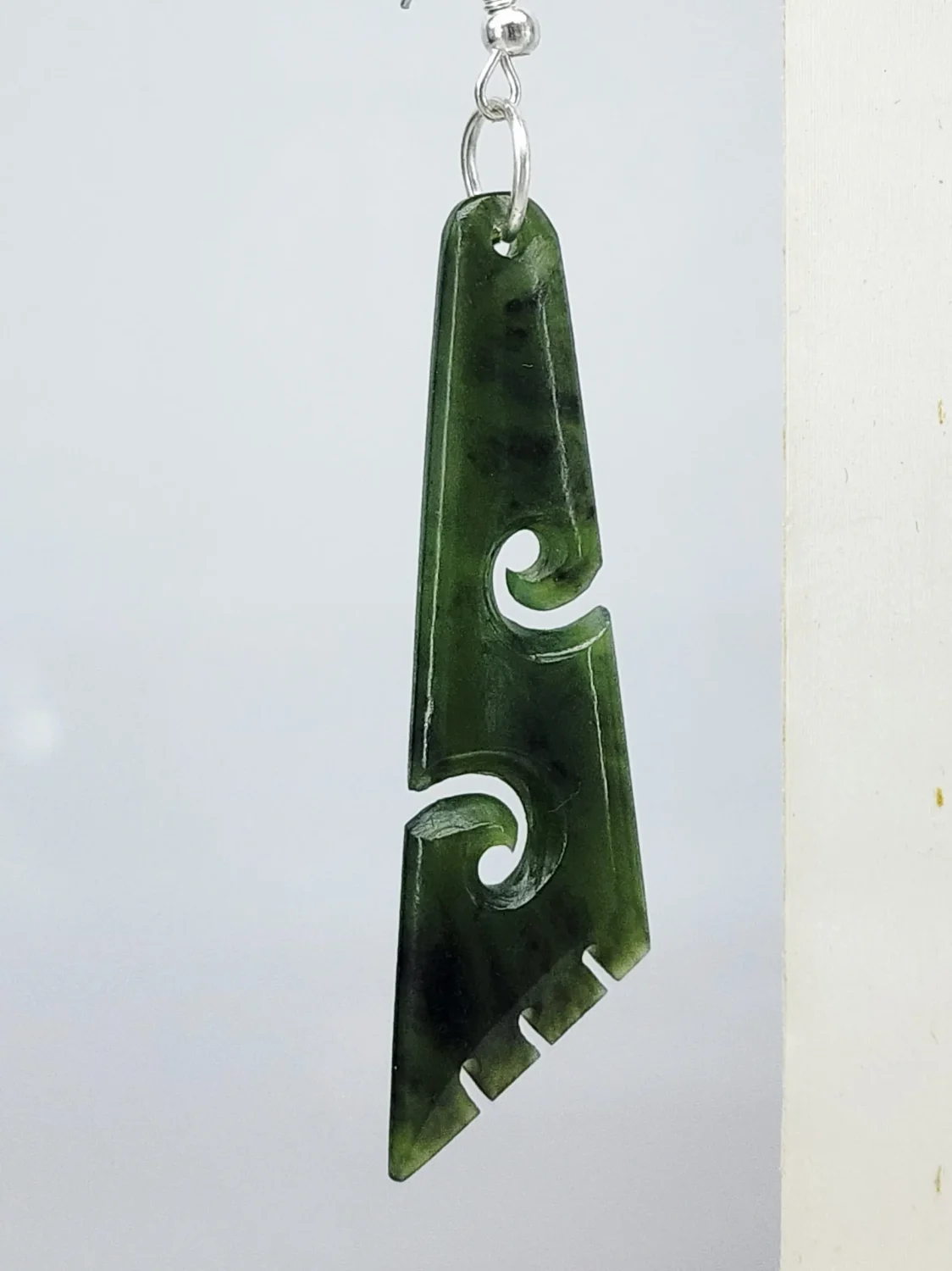 Pounamu Koru Drop Triangle Earrings Sterling Silver Setting and Hooks - EK2.45