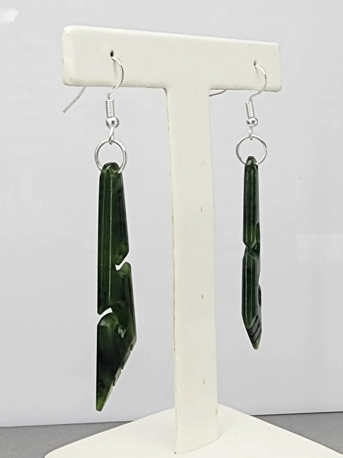 Pounamu Koru Drop Triangle Earrings Sterling Silver Setting and Hooks - EK2.45